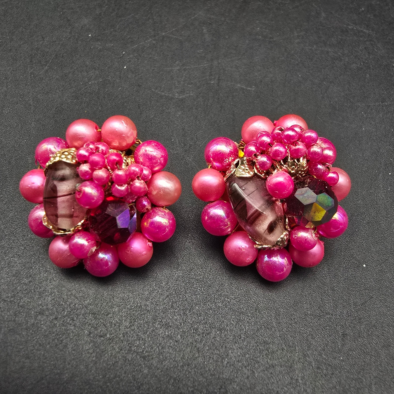 Japan Pink Beaded Clip On Earrings Vintage Costume Jewelry